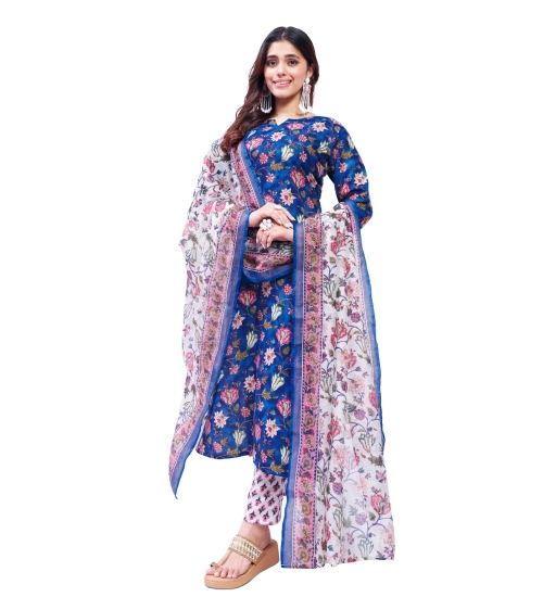 Generic Women's Cotton Blend Printed Kurti With Pant Dupatta Set (Blue)