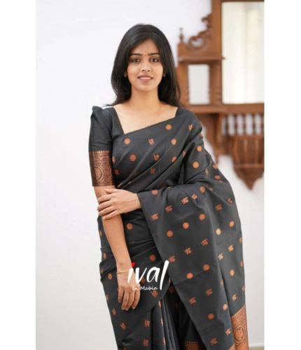 Generic Women's Soft Lichi Silk Printed Saree With Unstitched Blouse 5.5Mtr (Black)