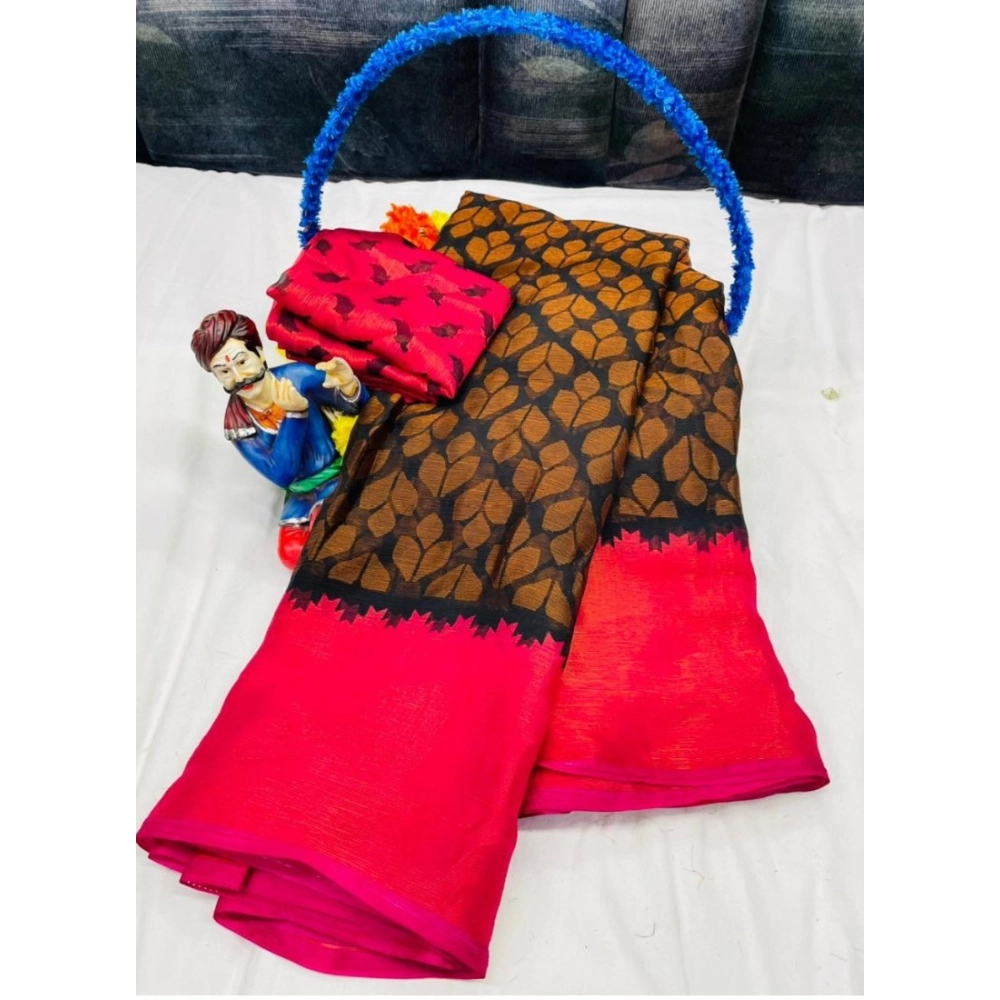 Generic Women's Brasso Printed Saree With Unstitched Blouse 5.5Mtr (Black)