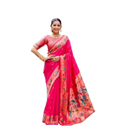 Generic Women's Silk Blend Woven Saree With Unstitched Blouse 5.5 Mtr (Pink)
