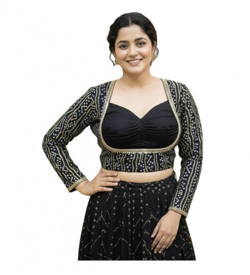 Generic Women's Rayon Sabyasachi Style Round Neck Padded Blouse (Black, 38 Ready Size (Self-Alterable 36–40)