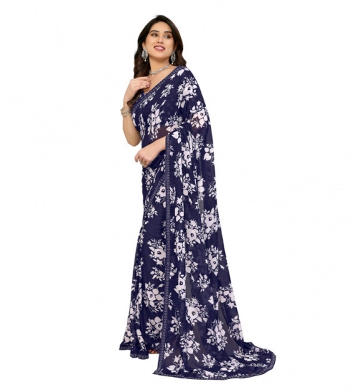 Generic Women's Georgette Printed Saree With Unstitched Blouse 5.5Mtr (Navy Blue)