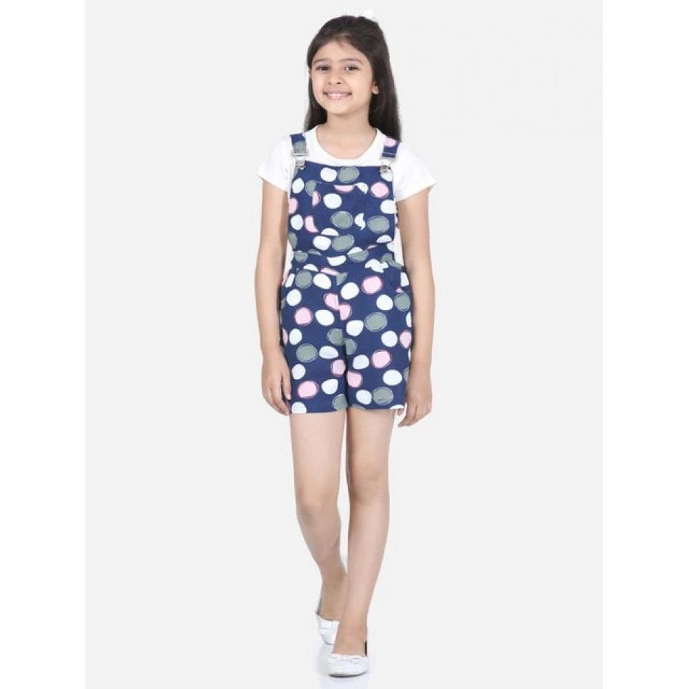 Girl's Rayon Polka Sleeveless Jumpsuit (Blue-Pink)