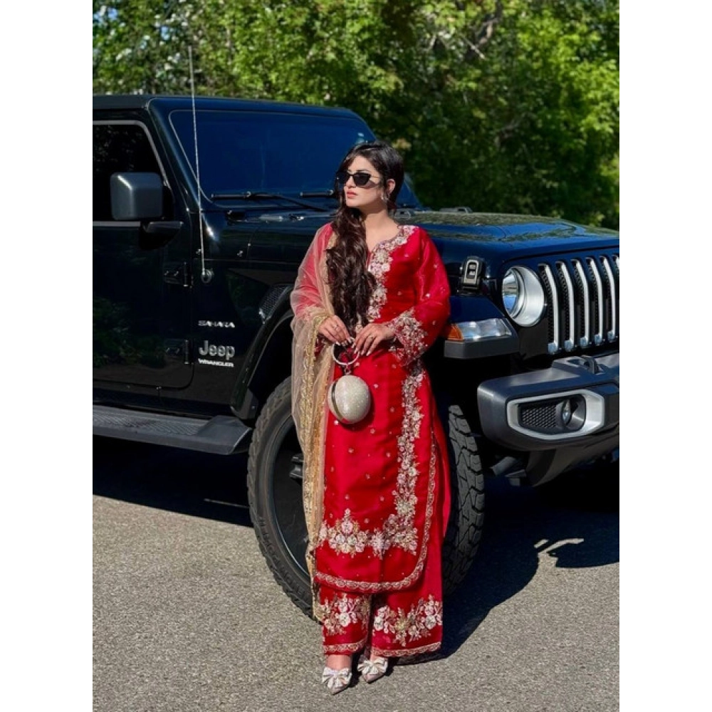 Generic Women's Silk Embroidered 3/4th Sleeve Round Readymade Kurti With Palazzo Pant and Dupatta Set (Red) Generic Women's Silk Embroidered 3/4th Sleeve Round Readymade Kurti With Palazzo Pant and Dupatta Set (Red)