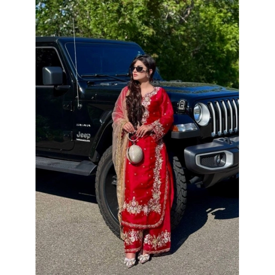 Generic Women's Silk Embroidered 3/4th Sleeve Round Readymade Kurti With Palazzo Pant and Dupatta Set (Red)