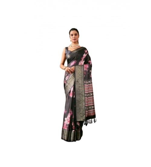Generic Women's Faux_Silk Printed Saree With Unstitched Blouse 5.5Mtr (Black)