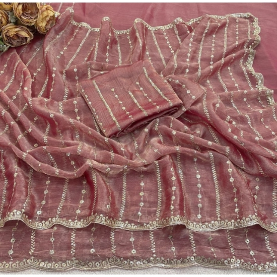 Generic Women's Slik Embellished Saree With Unstitched Blouse 5.5Mtr (Pink)