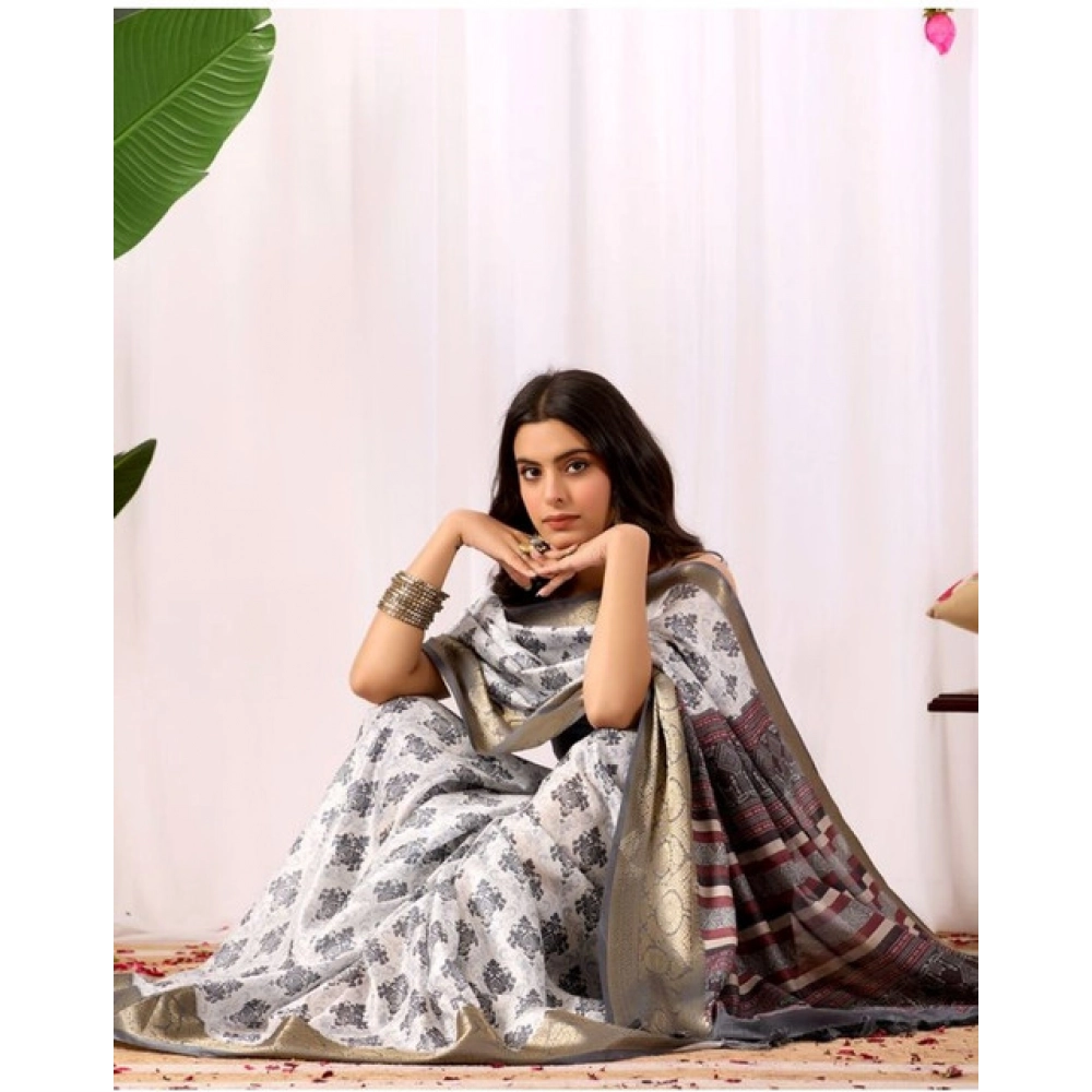 Generic Women's Faux_Silk Printed Saree With Unstitched Blouse 5.5Mtr (White)