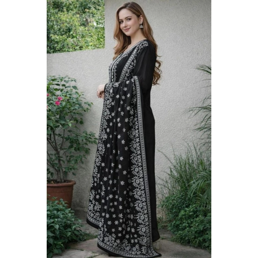 Women's Chanderi Silk Ethnic Motif Round 3/4th Sleeve Kurti With Pant Dupatta Set (Black)