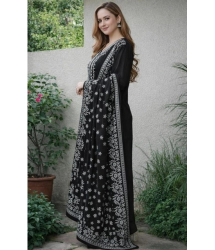 Generic Women's Chanderi Silk Ethnic Motif Round 3/4th Sleeve Kurti With Pant Dupatta Set (Black)