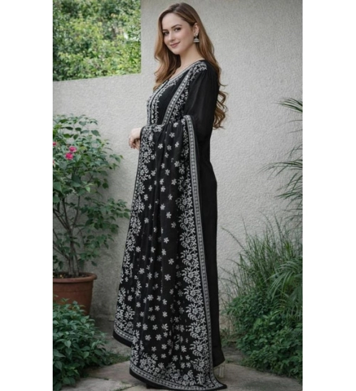 Generic Women's Chanderi Silk Ethnic Motif Round 3/4th Sleeve Kurti With Pant Dupatta Set (Black)