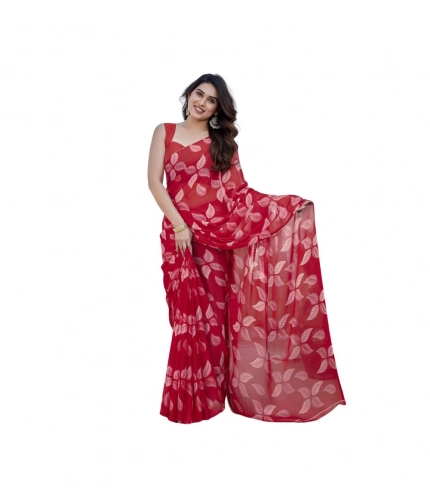 Generic Women's Chiffon Printed Saree With Unstitched Blouse 5.5Mtr (Red)