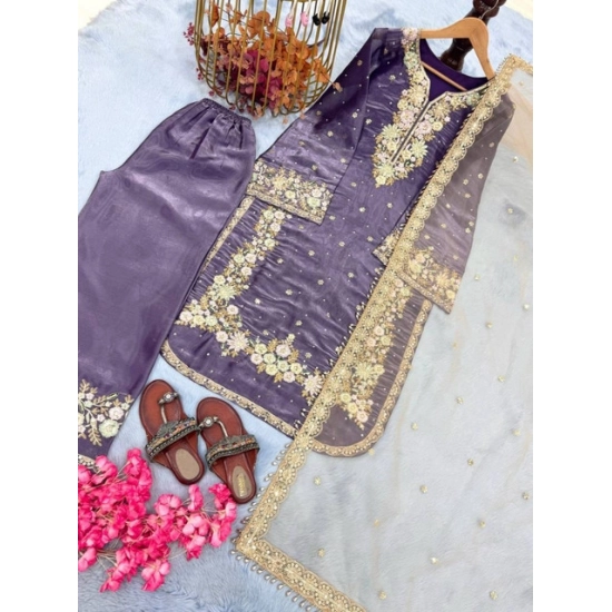Generic Women's Silk Embroidered 3/4th Sleeve Round Kurti With Palazzo Pant and Dupatta Set (Purple) Generic Women's Silk Embroidered 3/4th Sleeve Round Kurti With Palazzo Pant and Dupatta Set (Purple)