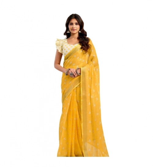 Generic Women's Linen Cotton Printed Ready To Wear Saree With Unstitched Blouse 5.5 Mtr (Yellow)