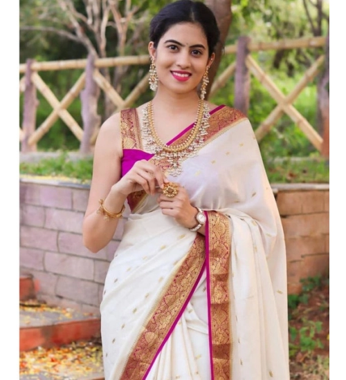 Generic Women's Soft Litchi Silk Jacquard Work Saree With Unstitched Blouse 5.5Mtr (White)