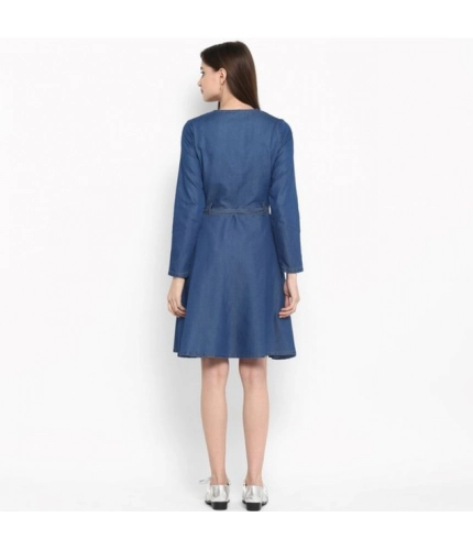 Generic Women's Denim Washed Regular Sleeves Dress (Blue)