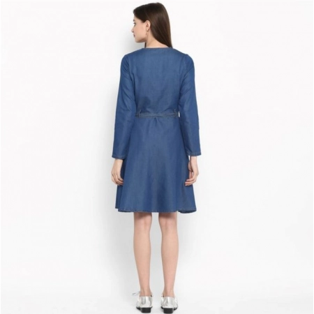 Generic Women's Denim Washed Regular Sleeves Dress (Blue)