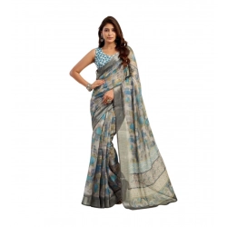 Generic Women's Linen Cotton Printed Ready To Wear Saree With Unstitched Blouse 5.5 Mtr (Grey)