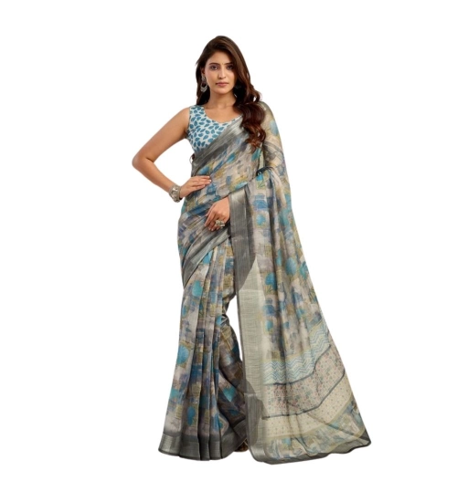 Generic Women's Linen Cotton Printed Ready To Wear Saree With Unstitched Blouse 5.5 Mtr (Grey)
