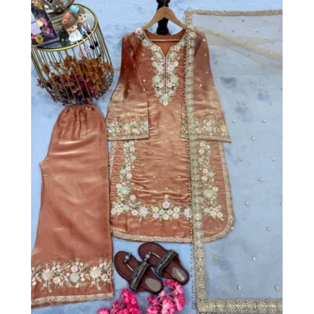 Generic Women's Silk Embroidered 3/4th Sleeve Round Kurti With Palazzo Pant and Dupatta Set (Orange) Generic Women's Silk Embroidered 3/4th Sleeve Round Kurti With Palazzo Pant and Dupatta Set (Orange)