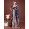 Generic Women's Banarasi Silk Printed Saree With Unstitched Blouse 5.5Mtr (Navy Blue)