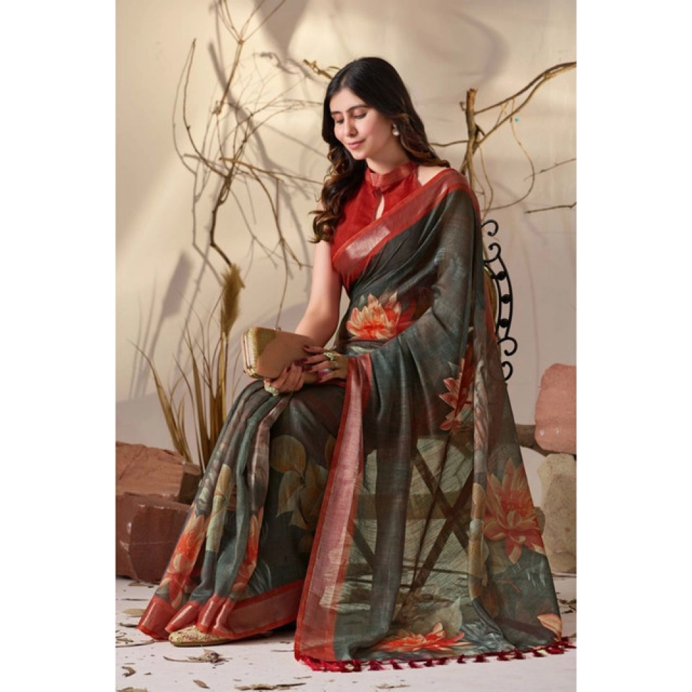 Generic Women's Faux_Linen Printed Saree With Unstitched Blouse 5.5Mtr (Dark_Green)