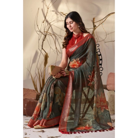 Generic Women's Faux_Linen Printed Saree With Unstitched Blouse 5.5Mtr (Dark_Green)