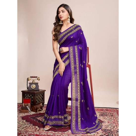 Generic Women's Vichitra Silk Embroidery Work Saree With Unstitched Blouse 5.5Mtr (Purple)