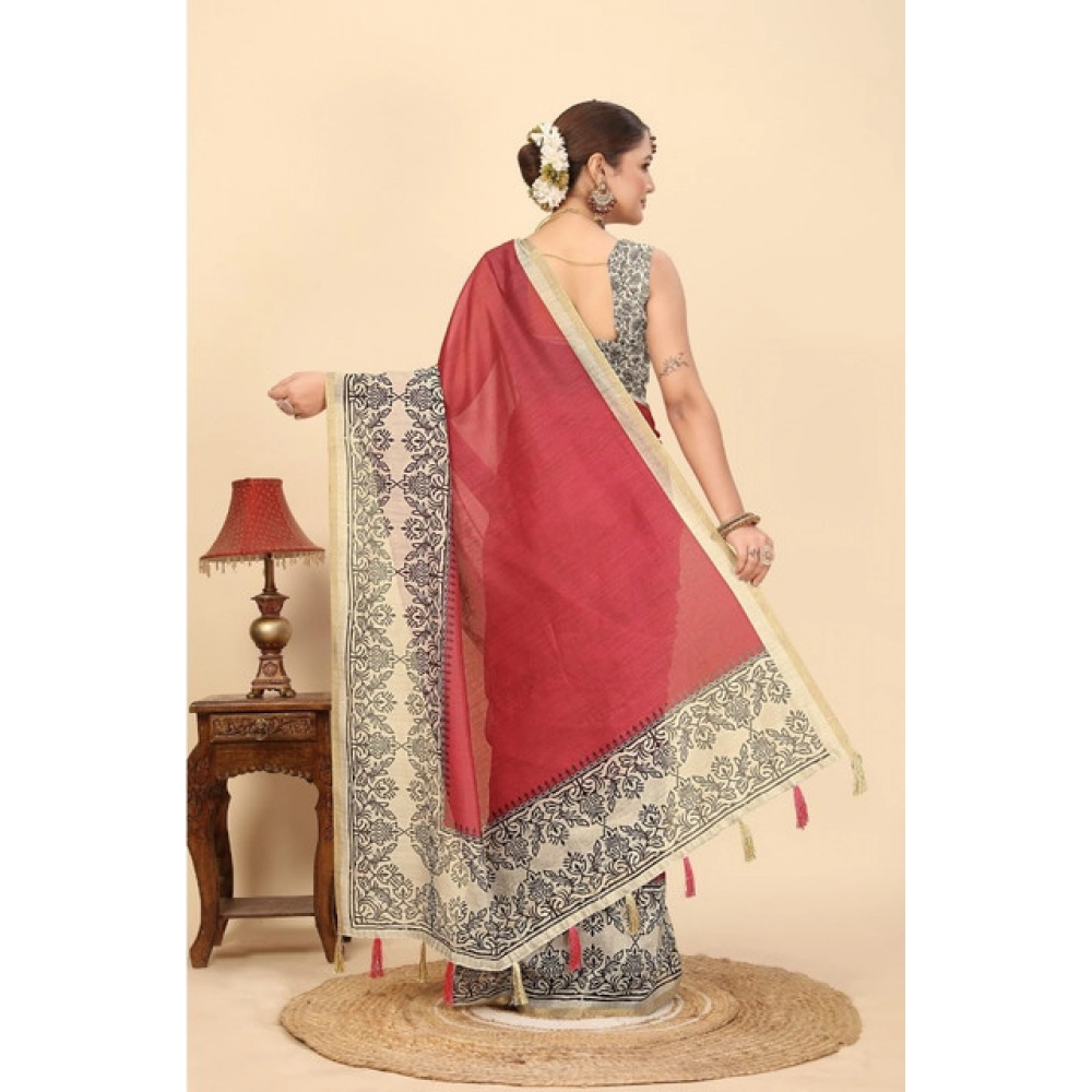 Women's Chanderi Printed Saree With Unstitched Blouse 5.5Mtr (Pink)