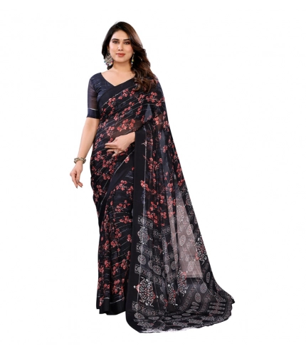 Generic Women's Georgette Printed Saree With Unstitched Blouse 5.5Mtr (Navy Blue)