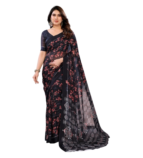 Generic Women's Georgette Printed Saree With Unstitched Blouse 5.5Mtr (Navy Blue)