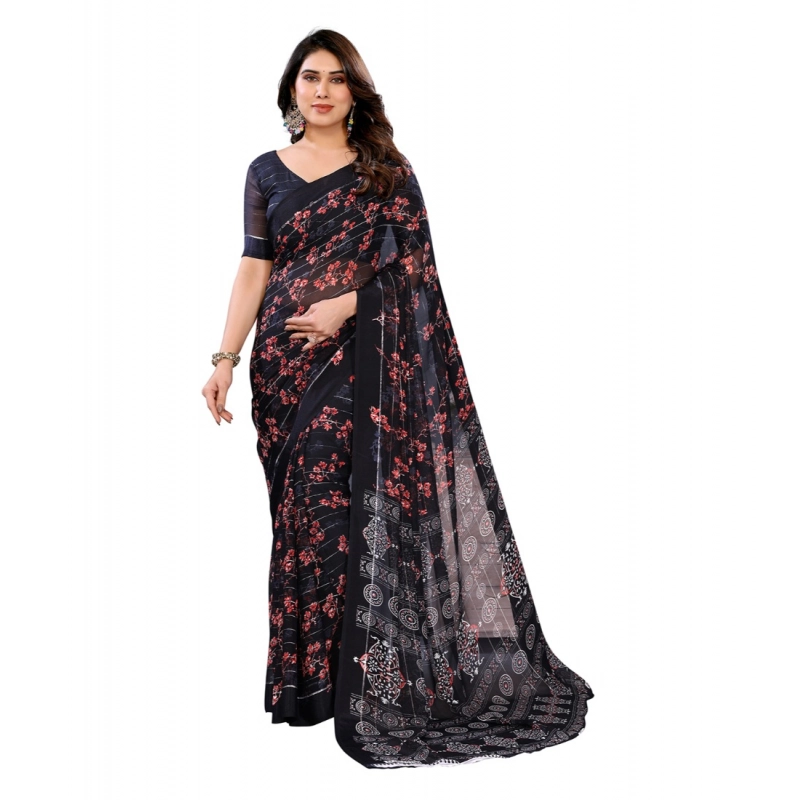 Women's Georgette Printed Saree With Unstitched Blouse 5.5Mtr (Navy Blue)