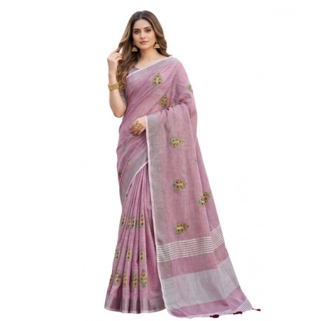 Generic Women's Linen Embroidered Saree With Unstitched Blouse 5.5Mtr (Light Purple)