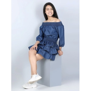 Generic Girl's Denim Solid Off Shoulder Dress (Blue)
