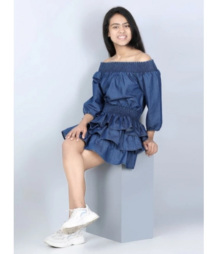 Generic Girl's Denim Solid Off Shoulder Dress (Blue)