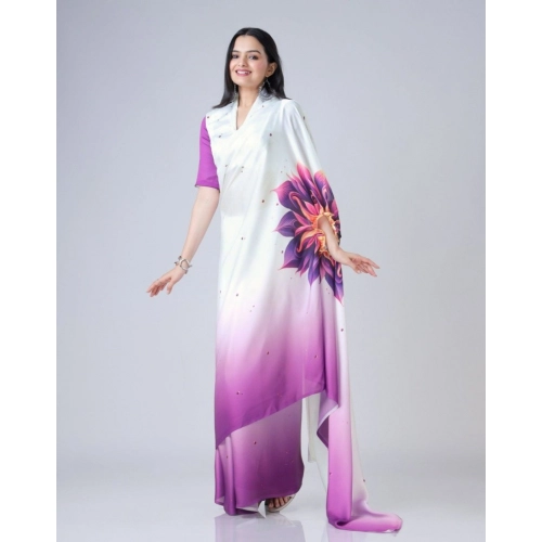 Women's Soft Crepe Silk Printed Ready To Wear Saree With Unstitched Blouse 5.5Mtr (Purple) Women's Soft Crepe Silk Printed Ready To Wear Saree With Unstitched Blouse 5.5Mtr (Purple)