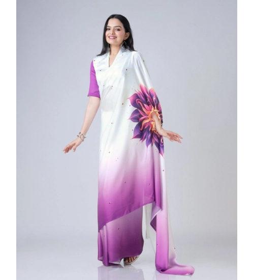 Generic Women's Soft Crepe Silk Printed Ready To Wear Saree With Unstitched Blouse 5.5Mtr (Purple)