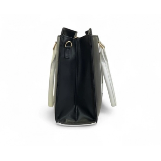 Generic Women's Polyurethane Solid Structured Shoulder Tote Handbag (Black-Cream)