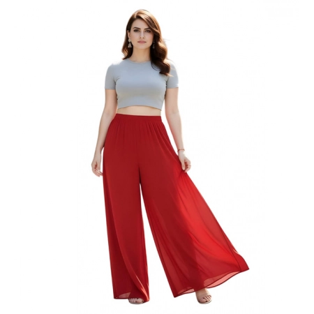 Generic Women's Pack of 1 Georgette Solid High Rise Wide Leg Flared Palazzo Pants with Elastic Waist (Red)