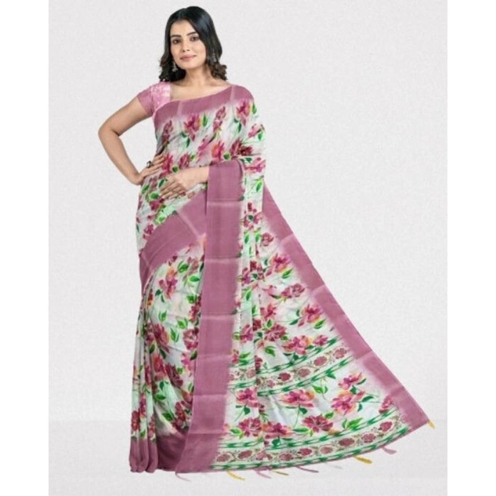 Women’s Cotton Blend Floral Printed Saree With Unstitched Blouse 5.5Mtr (Pink)