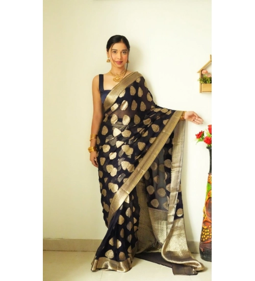 Generic Women's Litchi silk Printed Saree With Unstitched Blouse (Black)
