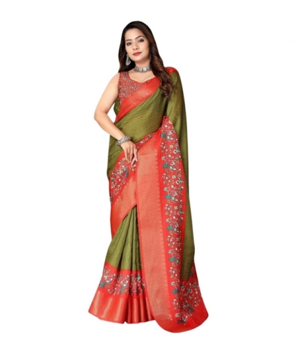 Generic Women's Cotton Silk Printed Saree With Unstitched Blouse 5.5Mtr (Green-Red)
