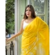 Generic Women's Linen Printed Saree With Unstitched Blouse 5.5Mtr (Yellow)