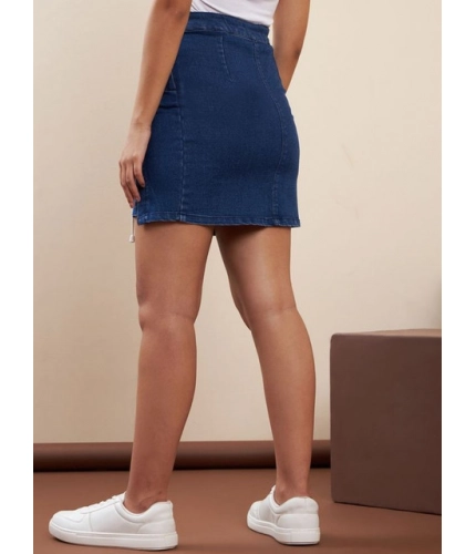 Generic Women's Denim Lycra Solid Button Skirt (Blue)