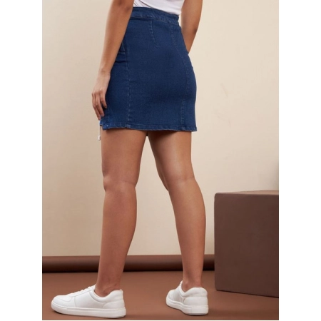 Generic Women's Denim Lycra Solid Button Skirt (Blue) Generic Women's Denim Lycra Solid Button Skirt (Blue)