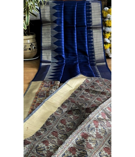 Generic Women's Tussar Silk Madhubani Saree With Unstitched Blouse 5.5Mtr (Blue)