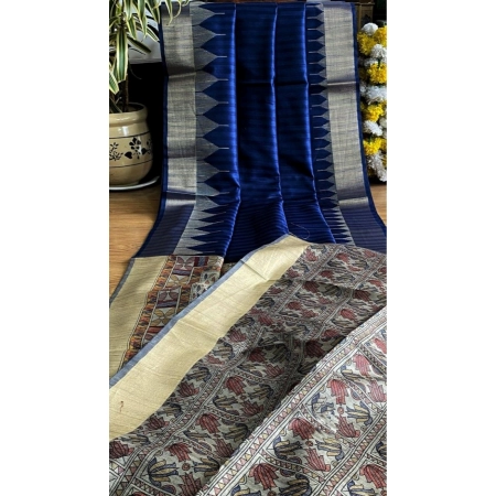 Generic Women's Tussar Silk Madhubani Saree With Unstitched Blouse 5.5Mtr (Blue)