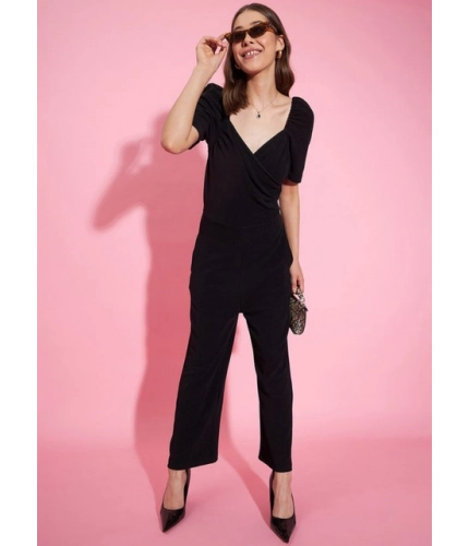 Generic Women's Polyester Lycra Solid Puff Sleeve Jumpsuit (Black)