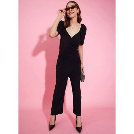 Generic Women's Polyester Lycra Solid Puff Sleeve Jumpsuit (Black) Generic Women's Polyester Lycra Solid Puff Sleeve Jumpsuit (Black)