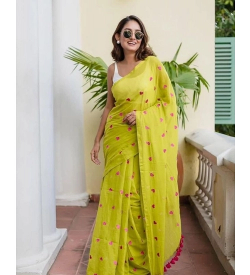 Generic Women's Linen Printed Saree With Unstitched Blouse 5.5Mtr (Light Green)